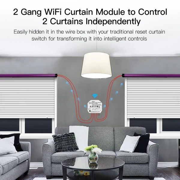 MOES WiFi Smart 2 Gang Double Curtain Blind Switch Module for Roller Shutter Electric Motor