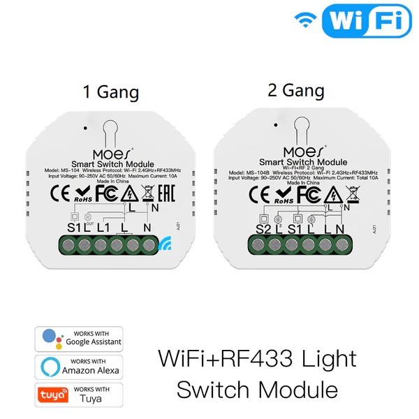 Mini DIY WiFi Relay Module, RF433 Smart Light Switch Module, 1/2 Gang Reset