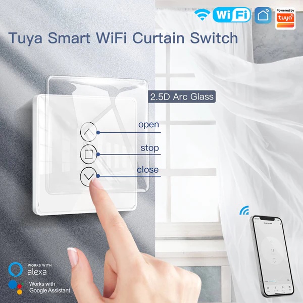 MOES WiFi Curtain Switch RF433 Smart 2.5D Arc Glass Touch Panel for Roller Blinds Shutters