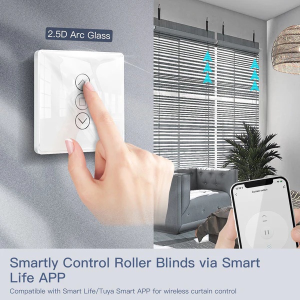 MOES WiFi Curtain Switch RF433 Smart 2.5D Arc Glass Touch Panel for Roller Blinds Shutters