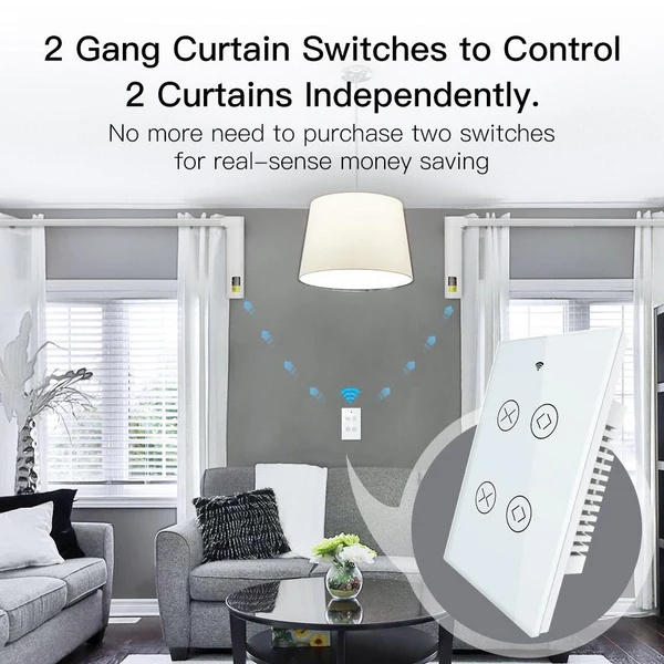 WiFi RF433 Smart Curtain 2 Gang Blind Touch Switch Single Pole Neutral Wire Required US