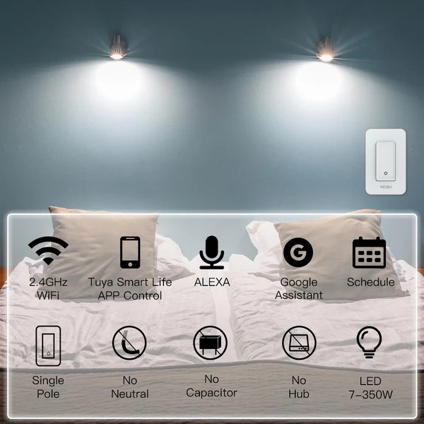 WiFi Smart Switch No Neutral, Push Button Switch, Single Pole 100-120V, Wire Required No Capacitor US