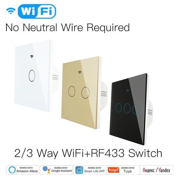 WiFi RF433 Smart Light Wall Touch Switch Single Pole 220V No Neutral Wire EU Standard