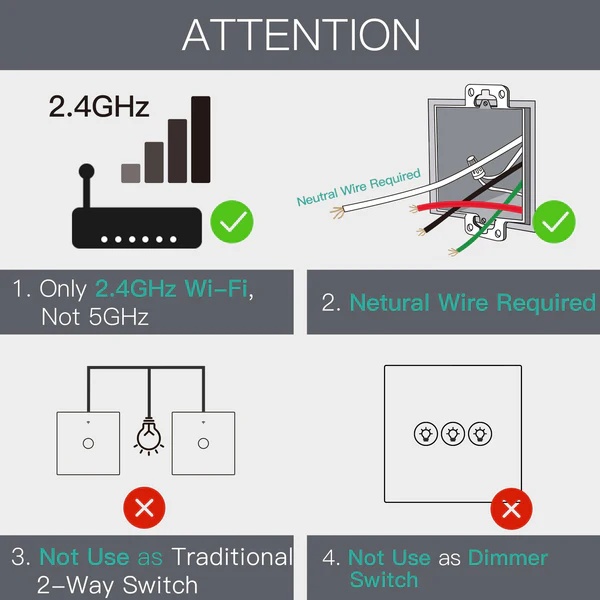 WiFi RF433 Smart Touch Light Switch 1/2/3/4 Gang 2 Way Multi-Control Neutral Wire Required EU