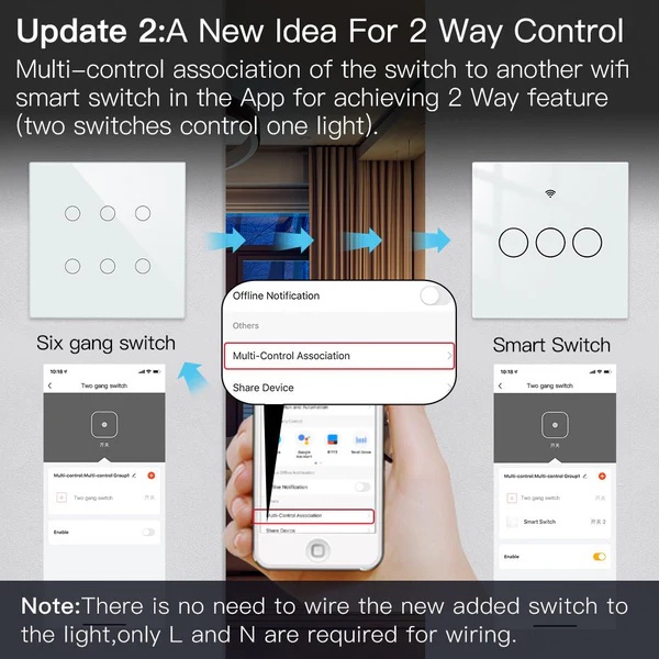 WiFi RF433 Smart 6 Gang Wall Touch Light Switch 2/3 Way Multi-Control Neutral Wire Required