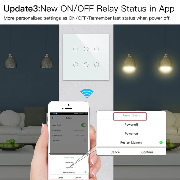 WiFi RF433 Smart 6 Gang Wall Touch Light Switch 2/3 Way Multi-Control Neutral Wire Required