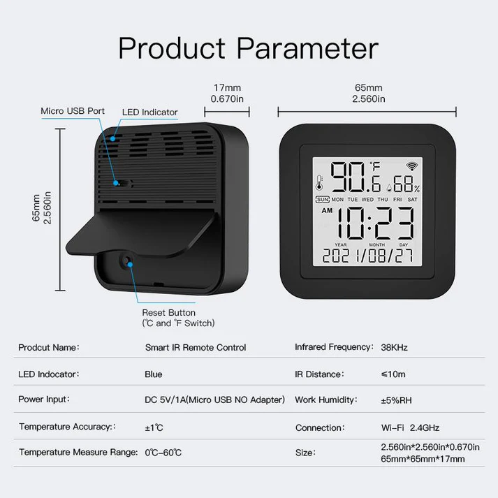 Wi-Fi Smart IR Remote Control with Temperature and Humidity Sensor for Air Conditioner TV AC