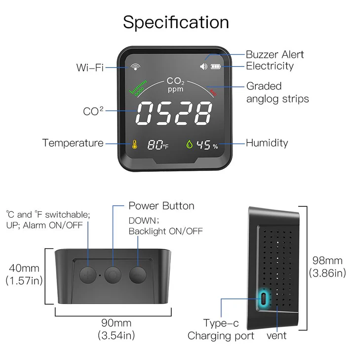 WiFi Smart 3 In 1 Carbon Dioxide Air Quality Monitor Detector Temperature and Humidity Sensor